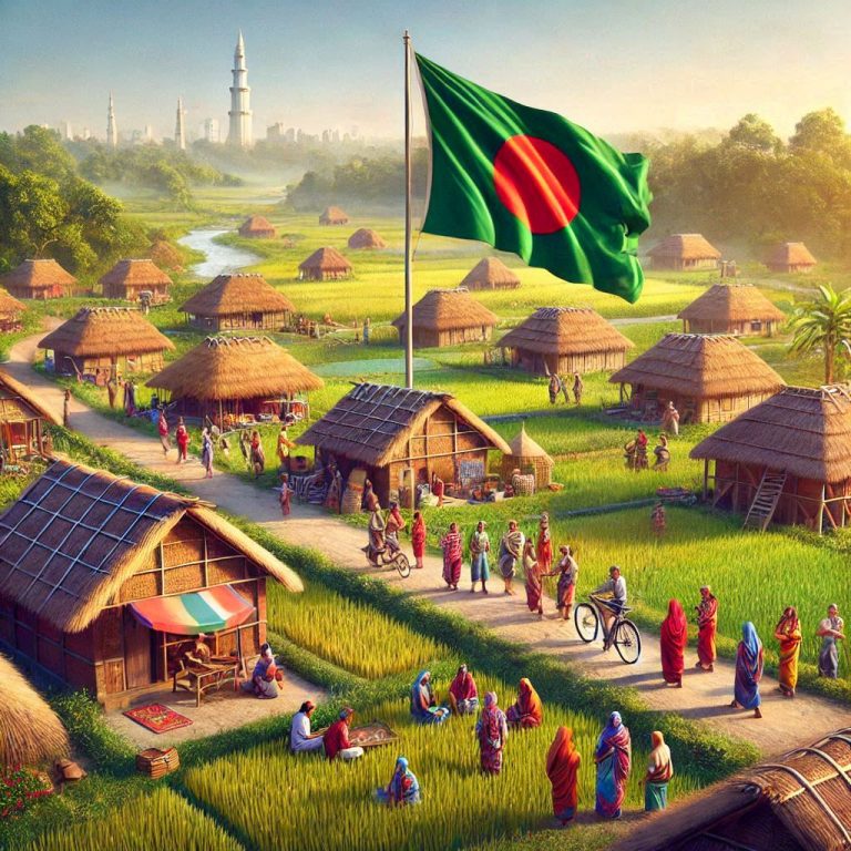 image of bangladesh village and a small flag