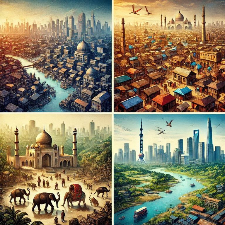 image of cities and villages of bangladesh in 4 diffirent squares